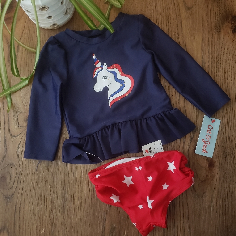 Cat & Jack Unicorn‎ Ruffle Rashguard Swim Set NWT
